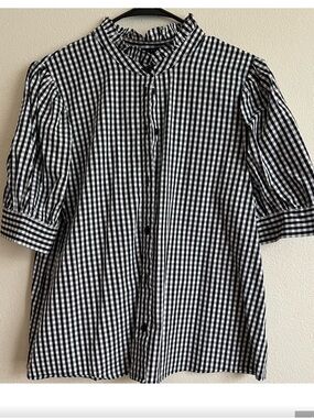 NEW  WHO WHAT WEAR GINGHAM BLOUSE COTTON BLACK WHITE RUFFLED Size L